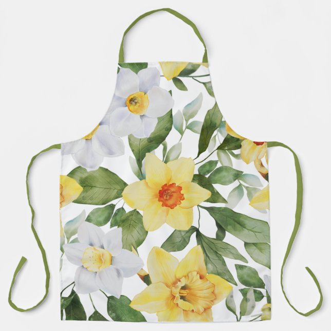 Retro Yellow and White Daffodil Floral Print Apron (Front)