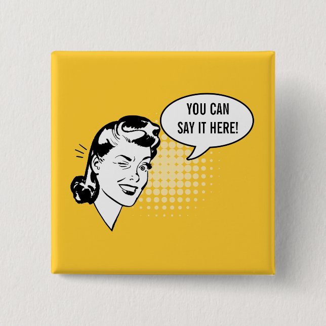 Retro Yellow and White Winking Woman Fun Button (Front)