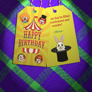 Retro Yellow Big Top Circus Cartoon Happy Birthday Gift Tags