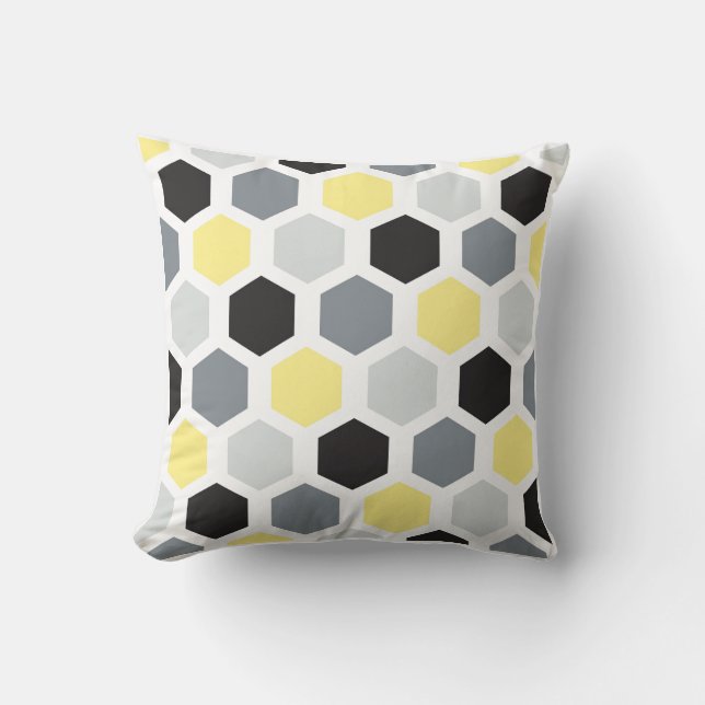 Retro Yellow, Black & Gray Hexagon Pattern Cushion (Front)