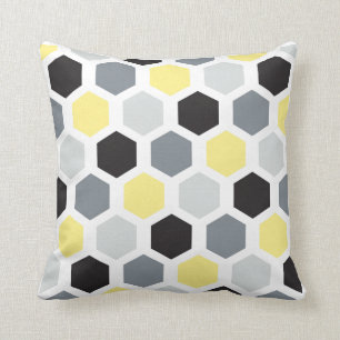 Retro Yellow, Black & Gray Hexagon Pattern Cushion