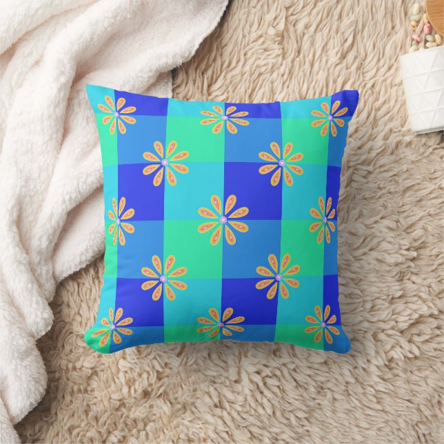Retro Yellow Bloom Chequerboard Pattern Cushion (Blanket)