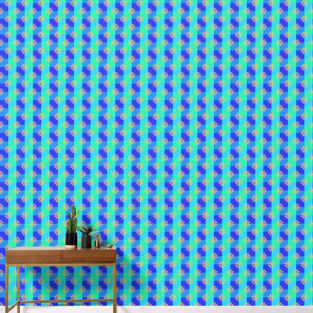 Retro Yellow Bloom Chequerboard Pattern Wallpaper (Hallway)