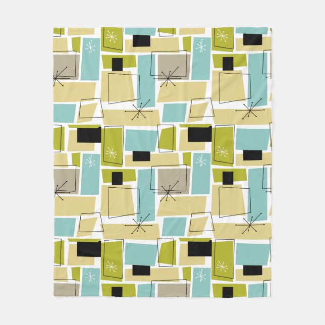 Retro Yellow Blue Abstract Squares Mid Century Fleece Blanket (Front)