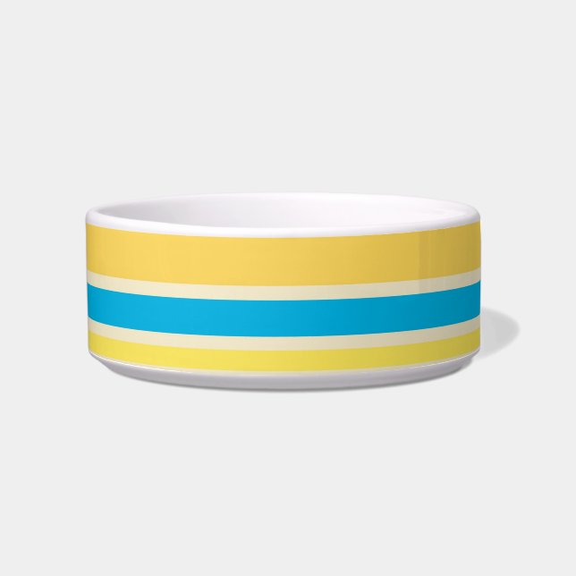 Retro Yellow Blue Cream Stripes Pattern Pet Bowl (Front)