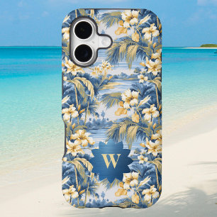 Retro Yellow Blue Floral n Tropical Palms Initial 