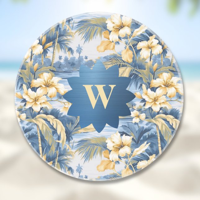 Retro Yellow Blue Floral n Tropical Palms Initial  Coaster (Creator Uploaded)