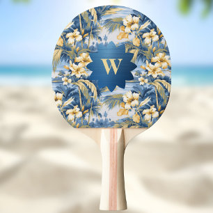 Retro Yellow Blue Floral n Tropical Palms Initial  Ping Pong Paddle