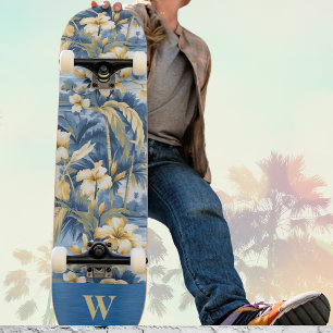 Retro Yellow Blue Floral n Tropical Palms Initial  Skateboard