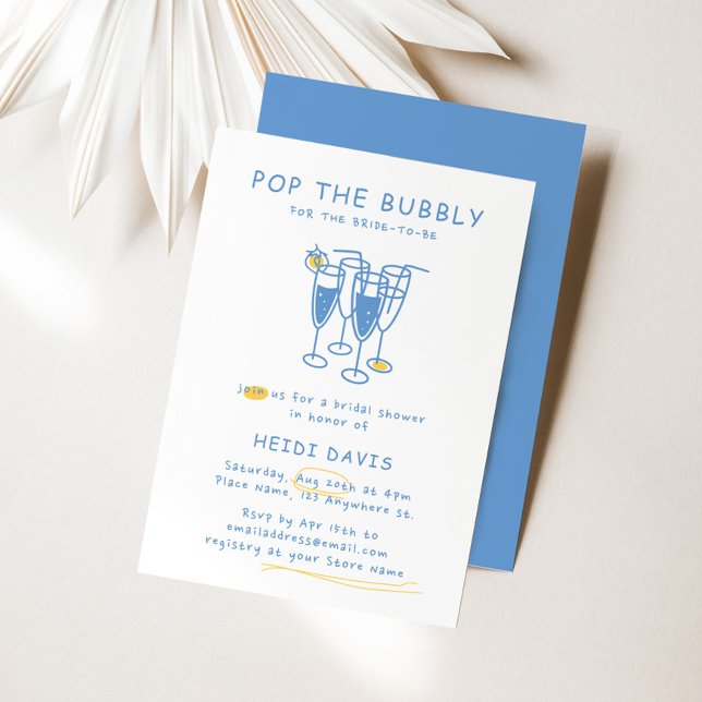Retro Yellow & Blue Pop The Bubbly Bridal Shower Invitation (Retro Yellow & Blue Pop The Bubbly Bridal Shower Invitation)