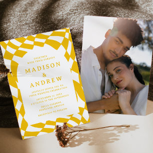 Retro Yellow Chequerboard Photo Wedding Invitation