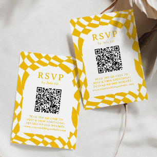 Retro Yellow Chequerboard QR Code Wedding RSVP Card