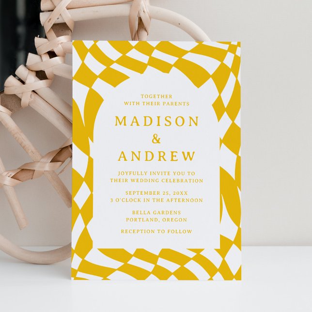 Retro Yellow Chequerboard Wedding Invitation (Creator Uploaded)