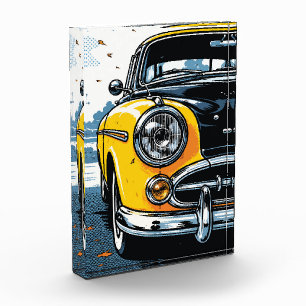 Retro Yellow Classic Car Front Pop Art Photo Block