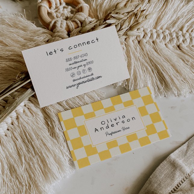 Retro yellow Cream Wavy Chequered Boho Pastel Business Card (Creator Uploaded)