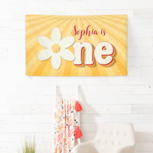 Retro Yellow Daisy First Birthday Banner   Groovy 
