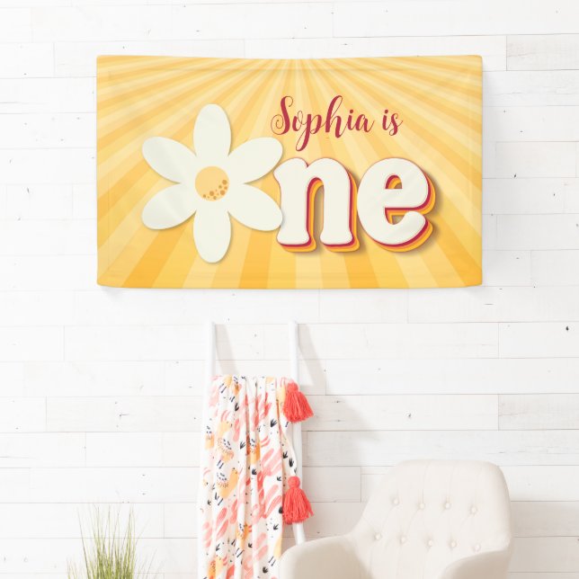 Retro Yellow Daisy First Birthday Banner | Groovy  (Insitu)