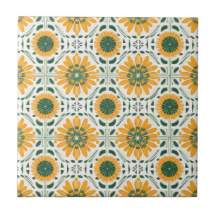 Retro Yellow Daisy Flower Green pattern Tile