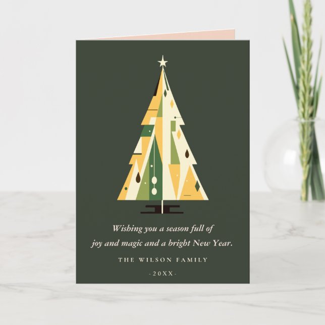Retro Yellow Green Christmas Tree Business Logo Holiday Card (Front)