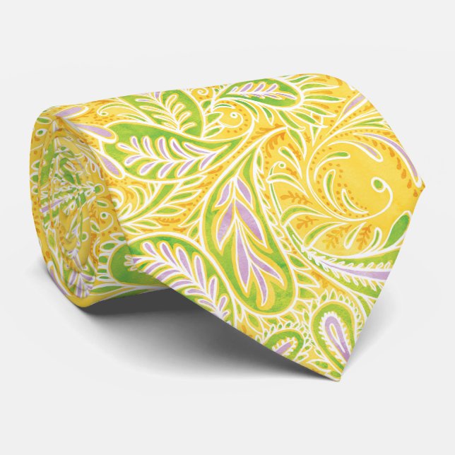 Retro Yellow Green Paisley Pattern Tie (Rolled)