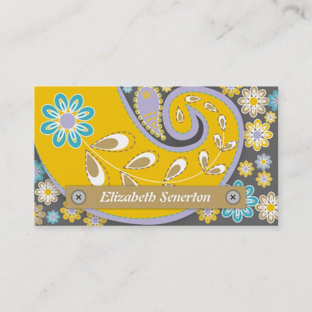 Retro yellow, grey paisley motif business card (Front)