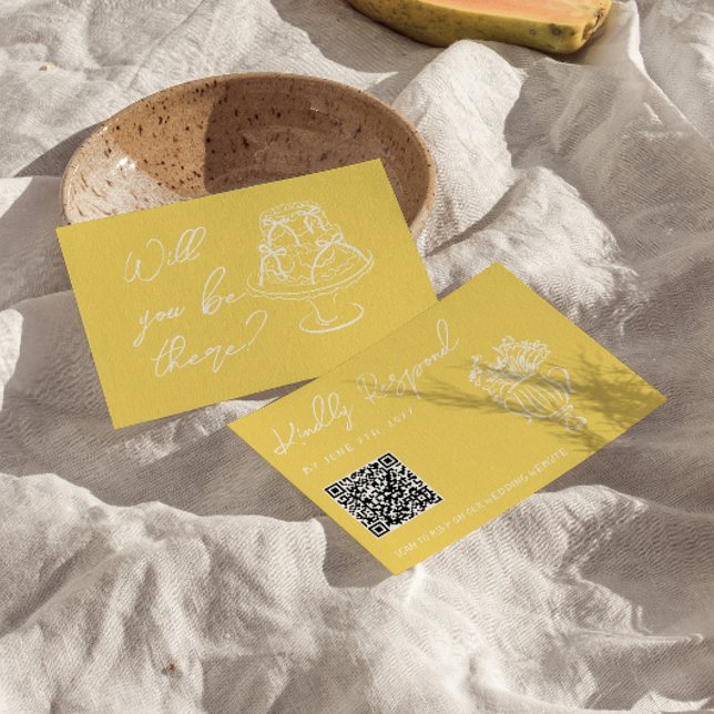 Retro Yellow Hand Drawn Floral QR Code Wedding  RSVP Card (Creator Uploaded)