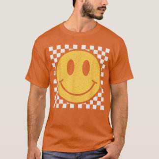 Retro Yellow Happy Face Checkered Pattern Smile Fa T-Shirt