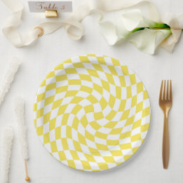 Retro Yellow Lemon Checked Warped Chequerboard Paper Plate