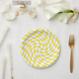 Retro Yellow Lemon Checked Warped Chequerboard Paper Plate