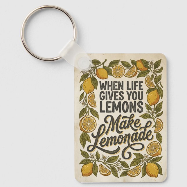Retro Yellow Lemon Inspiration Quote Key Ring (Front)