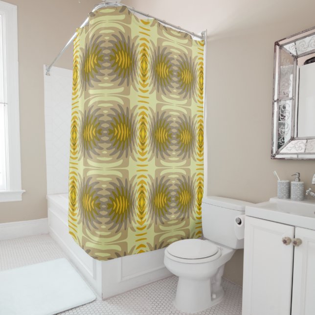 Retro Yellow & Olive Sunburst Shower Curtain  (In Situ)