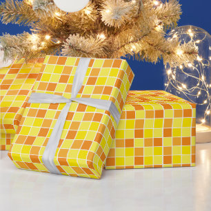 Retro Yellow Orange Checkers Square Pattern Wrapping Paper