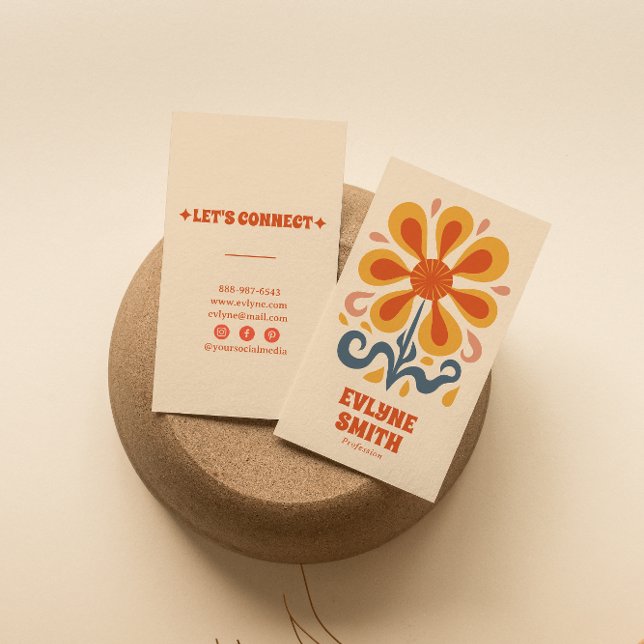 Retro Yellow Orange Groovy Boho Chic Floral Trendy Business Card (Creator Uploaded)