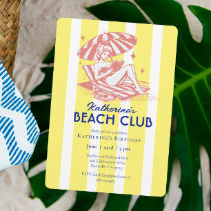 Retro Yellow Stripes Beach Club Birthday Party Invitation