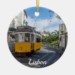 Retro yellow tram on street in Lisbon, Portugal Ceramic Tree Decoration