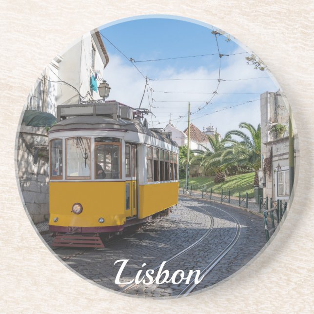 Retro yellow tram on street in Lisbon, Portugal Coaster (Front)
