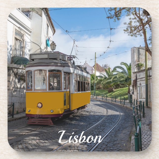 Retro yellow tram on street in Lisbon, Portugal Coaster (Front)