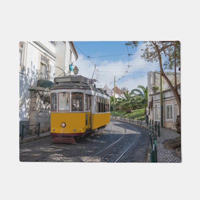 Retro yellow tram on street in Lisbon, Portugal Doormat (Front)