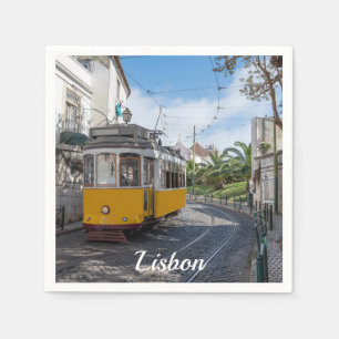 Retro yellow tram on street in Lisbon, Portugal Napkin