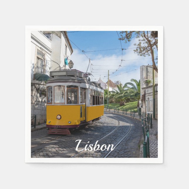 Retro yellow tram on street in Lisbon, Portugal Napkin (Front)