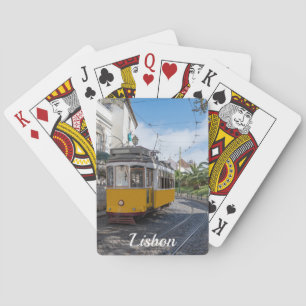 Retro yellow tram on street in Lisbon, Portugal Playing Cards