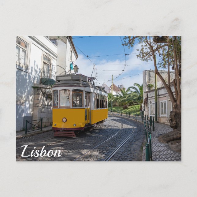 Retro yellow tram on street in Lisbon, Portugal Postcard (Front)