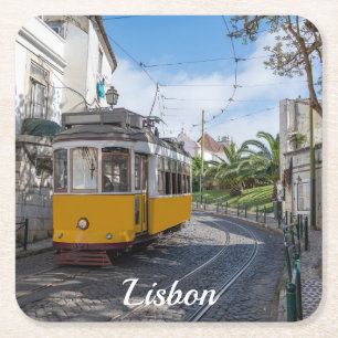Retro yellow tram on street in Lisbon, Portugal Square Paper Coaster