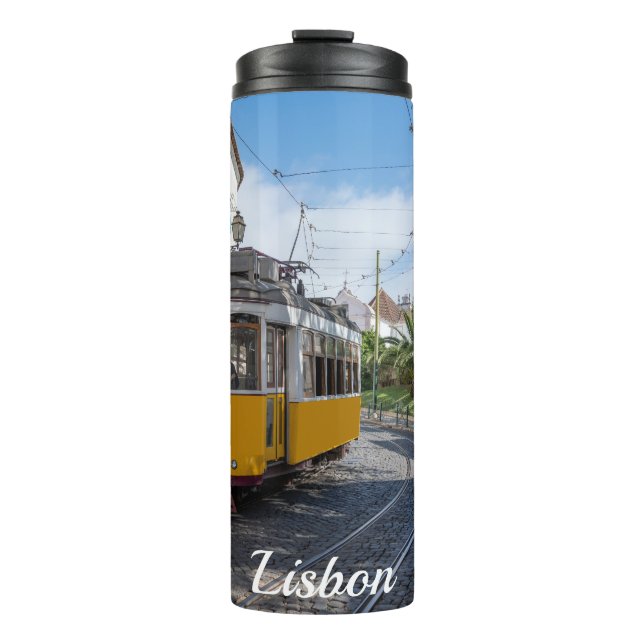 Retro yellow tram on street in Lisbon, Portugal Thermal Tumbler (Front)