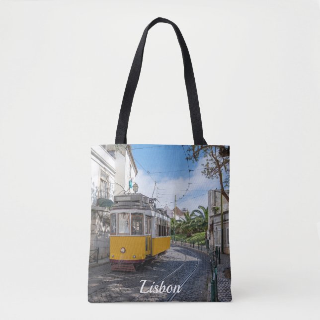 Retro yellow tram on street in Lisbon, Portugal Tote Bag (Front)