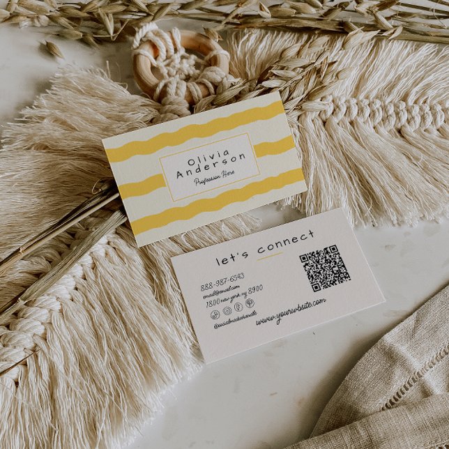 Retro Yellow Wavy Stripes Trendy Boho QR Code Fun Business Card (Creator Uploaded)