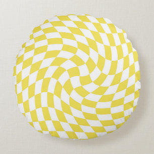 Retro Yellow White Checks Warped Checkered   Round Cushion