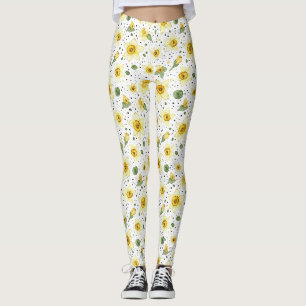 Retro Yellow White Daffodils and Polka Dot Flowers Leggings