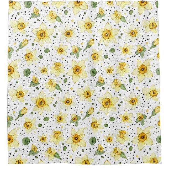 Retro Yellow White Daffodils and Polka Dot Flowers Shower Curtain (Front)
