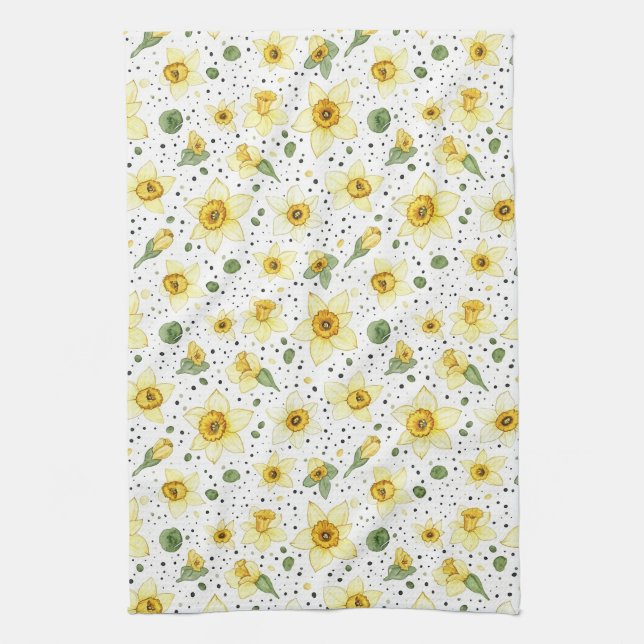 Retro Yellow White Daffodils and Polka Dot Flowers Tea Towel (Vertical)